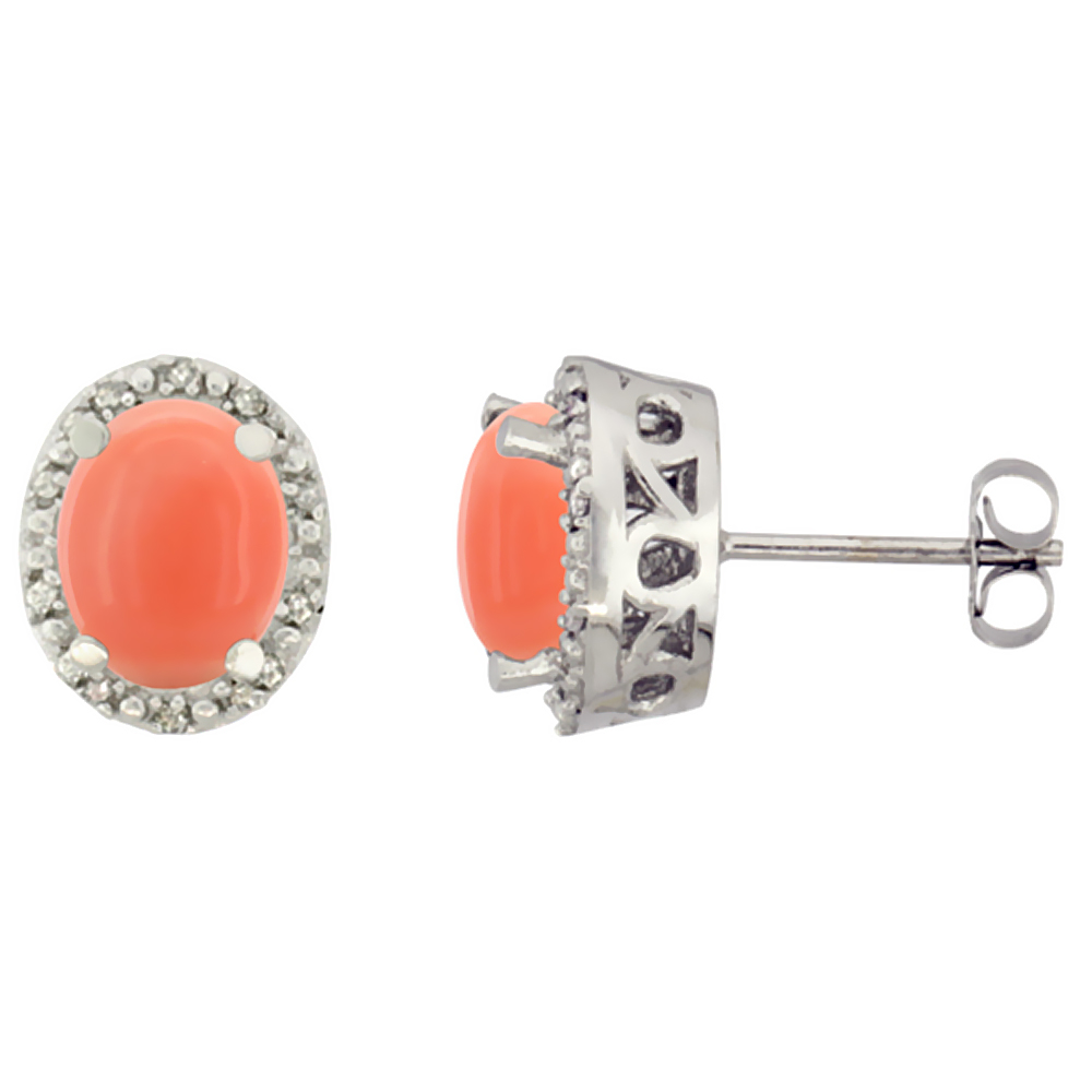 10K WHITE GOLD GENUINE CORAL STUD EARRINGS DIAMOND HALO OVAL 8X6 MM