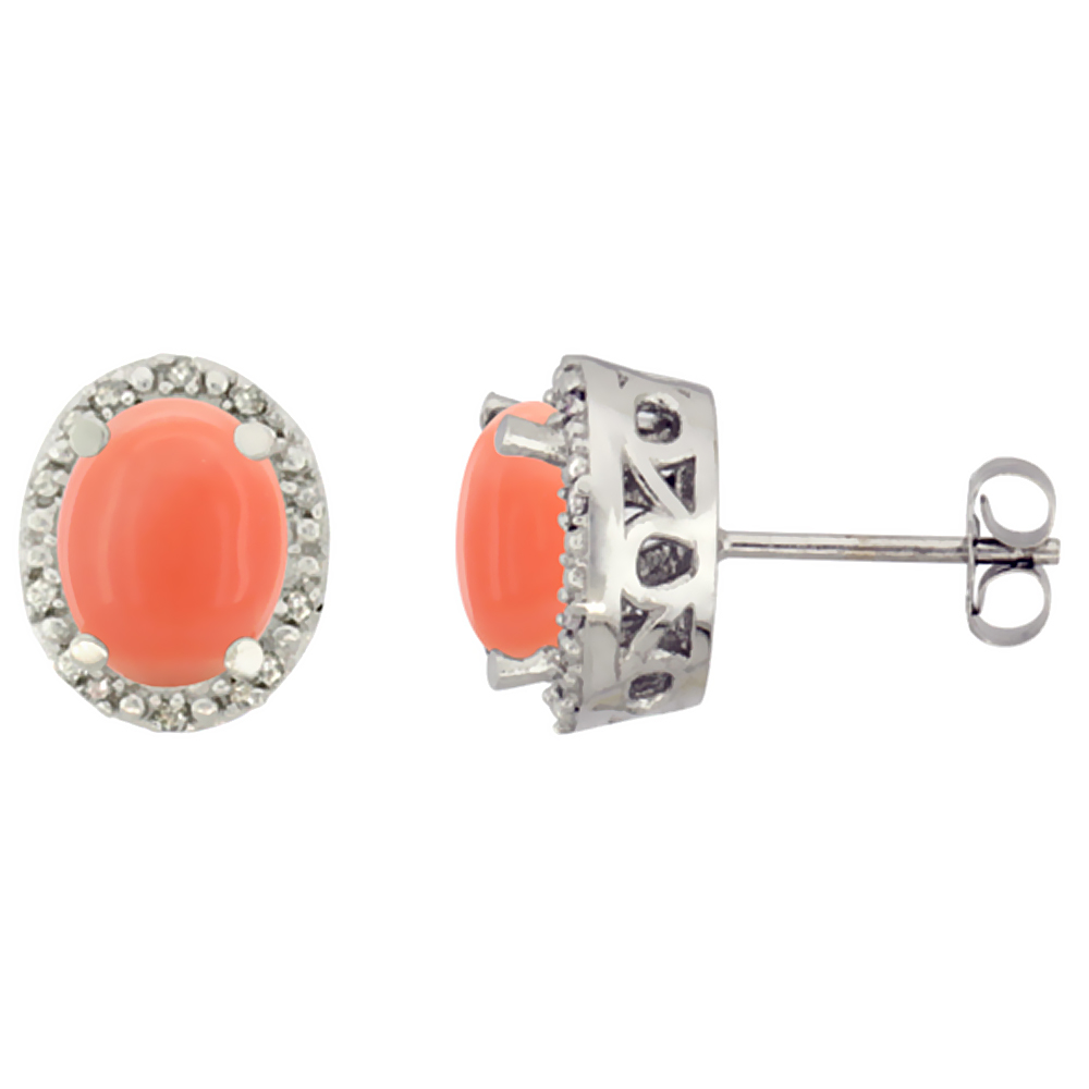 10K White Gold Genuine Coral Stud Earrings Diamond Halo Oval 8x6 mm