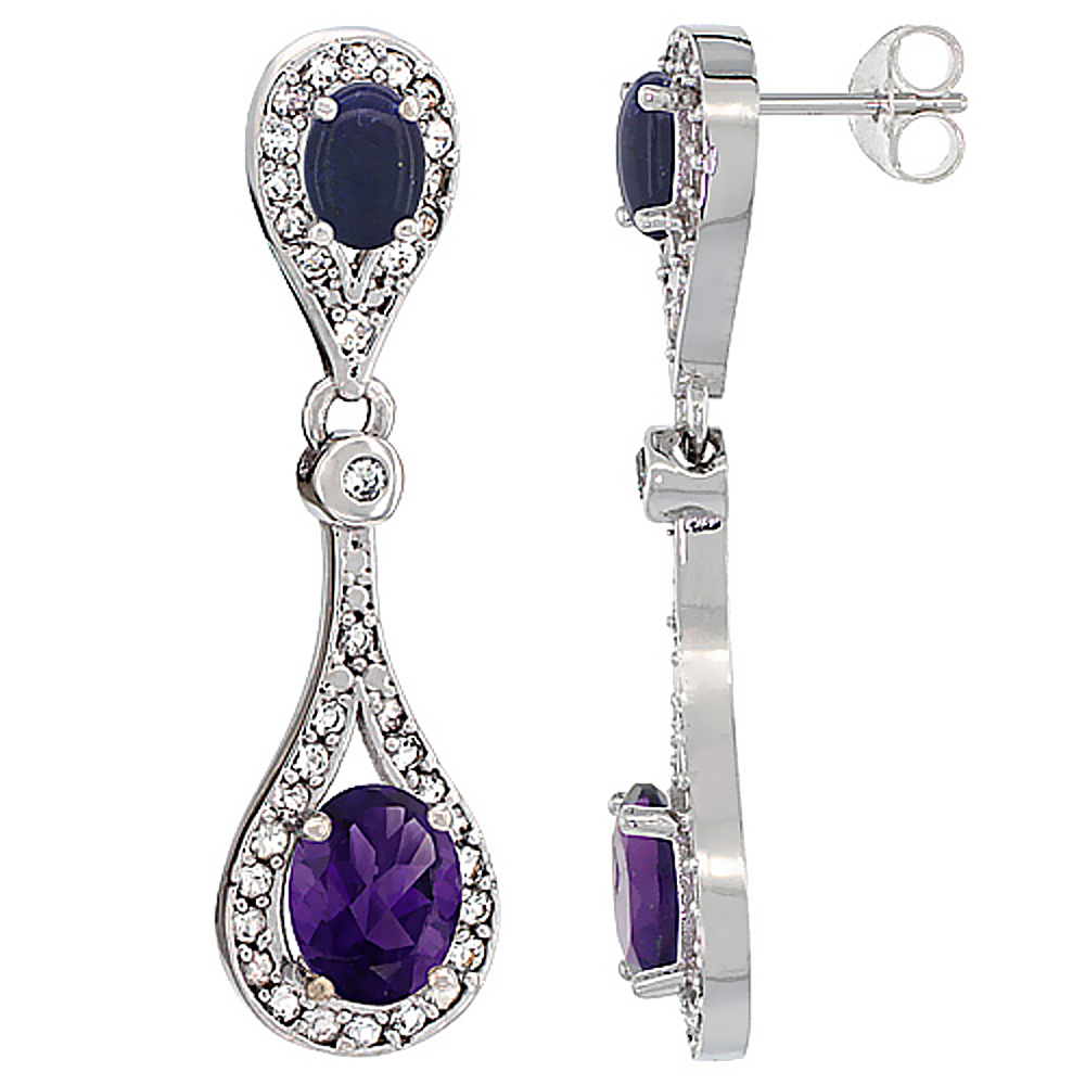 14K WHITE GOLD NATURAL AMETHYST & LAPIS OVAL DANGLING EARRINGS WHITE SAPPHIRE & DIAMOND ACCENTS, 1 3/8 INCHES LONG