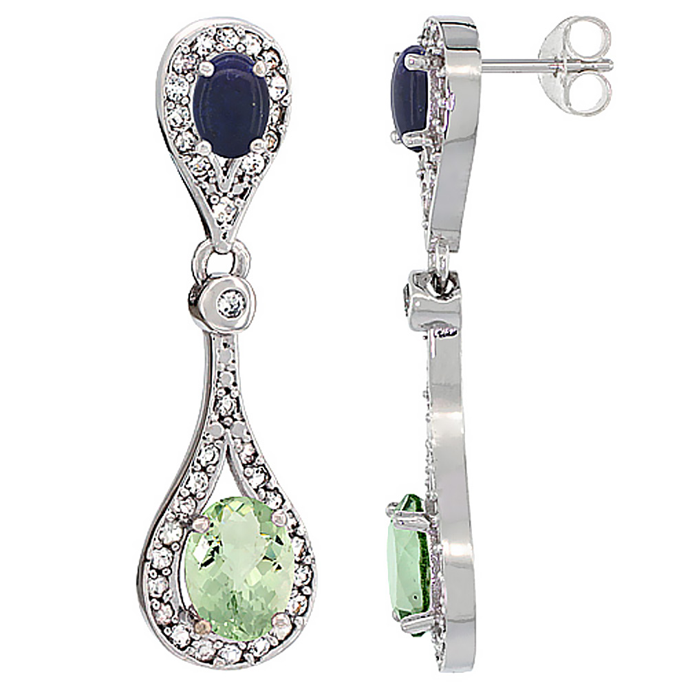 14K WHITE GOLD NATURAL GREEN AMETHYST & LAPIS OVAL DANGLING EARRINGS WHITE SAPPHIRE & DIAMOND ACCENTS, 1 3/8 INCHES LONG