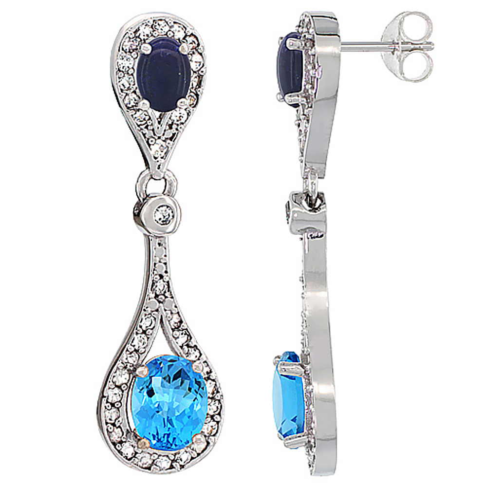14K WHITE GOLD NATURAL SWISS BLUE TOPAZ & LAPIS OVAL DANGLING EARRINGS WHITE SAPPHIRE & DIAMOND ACCENTS, 1 3/8 INCHES LONG