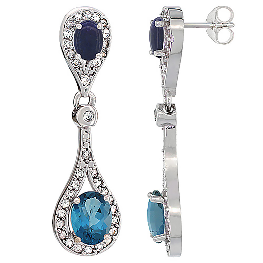 14K WHITE GOLD NATURAL LONDON BLUE TOPAZ & LAPIS OVAL DANGLING EARRINGS WHITE SAPPHIRE & DIAMOND ACCENTS, 1 3/8 INCHES LONG