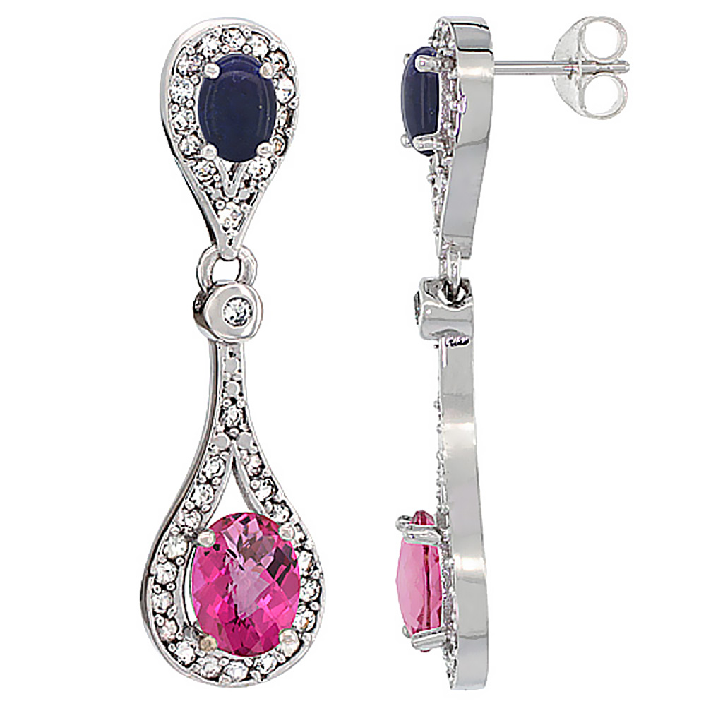 14K WHITE GOLD NATURAL PINK TOPAZ & LAPIS OVAL DANGLING EARRINGS WHITE SAPPHIRE & DIAMOND ACCENTS, 1 3/8 INCHES LONG