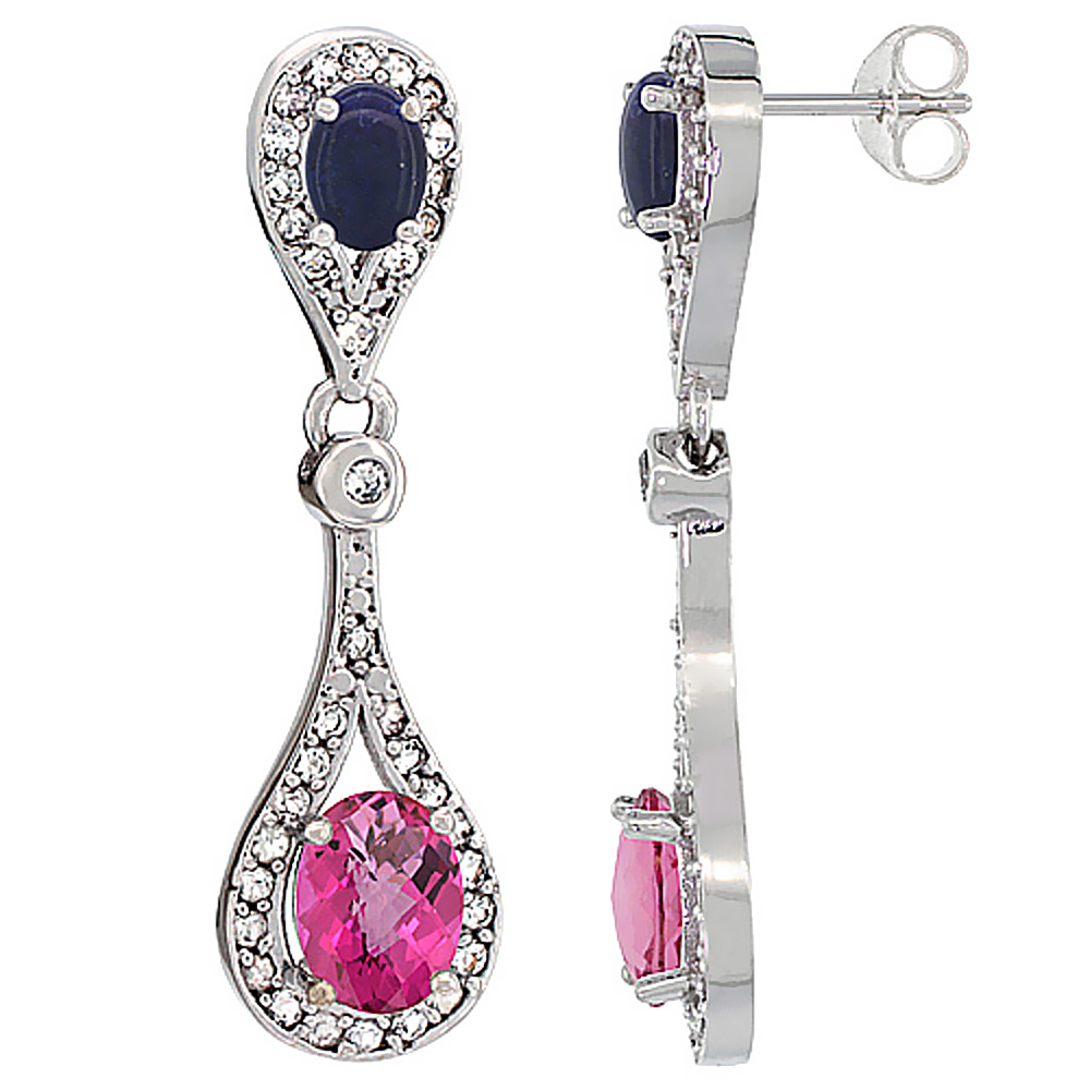 14K White Gold Natural Pink Topaz & Lapis Oval Dangling Earrings White Sapphire & Diamond Accents, 1 3/8 inches long
