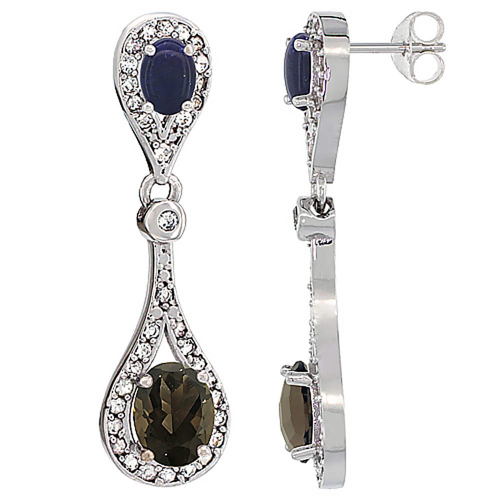 14K WHITE GOLD NATURAL SMOKY TOPAZ & LAPIS OVAL DANGLING EARRINGS WHITE SAPPHIRE & DIAMOND ACCENTS, 1 3/8 INCHES LONG