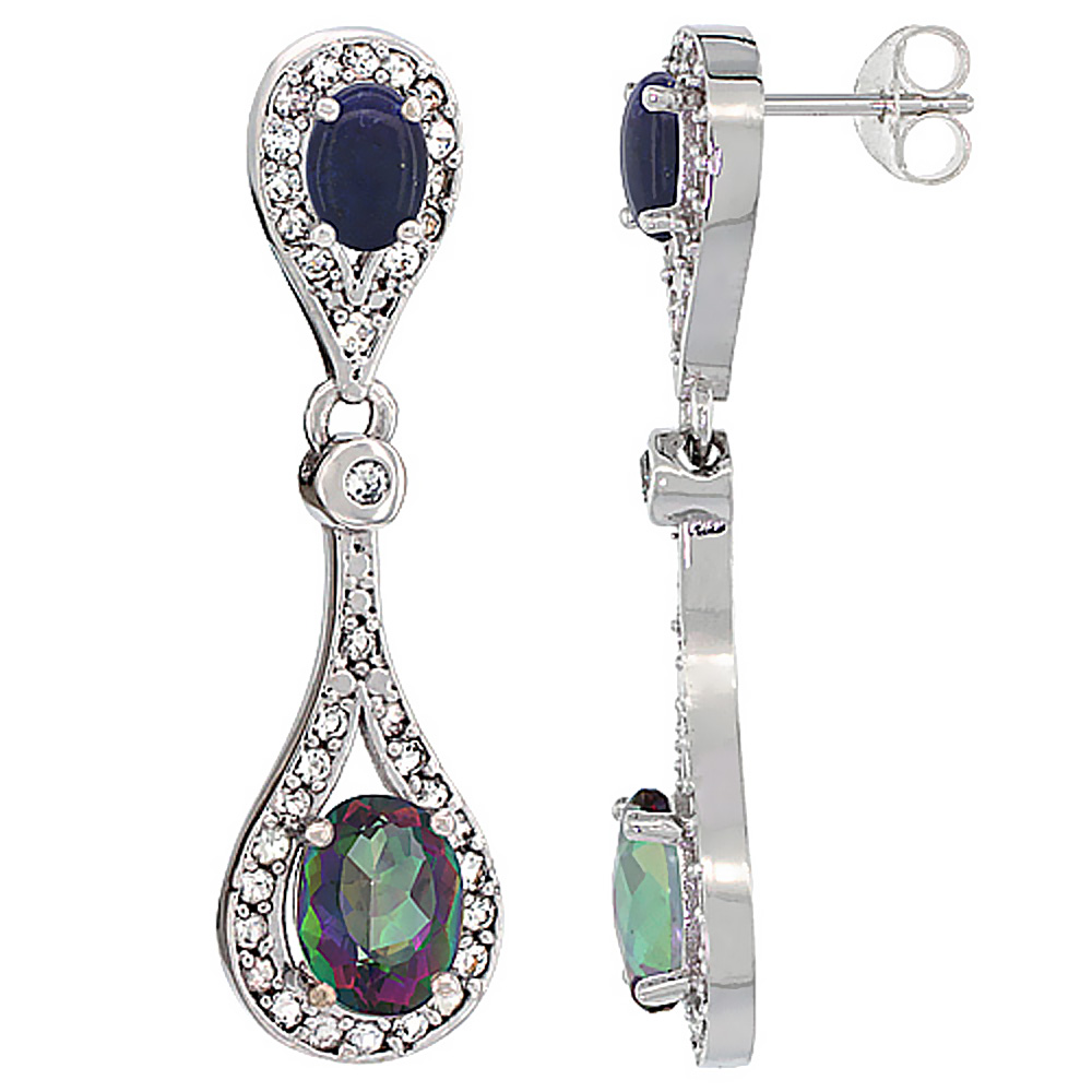 14K WHITE GOLD NATURAL MYSTIC TOPAZ & LAPIS OVAL DANGLING EARRINGS WHITE SAPPHIRE & DIAMOND ACCENTS, 1 3/8 INCHES LONG