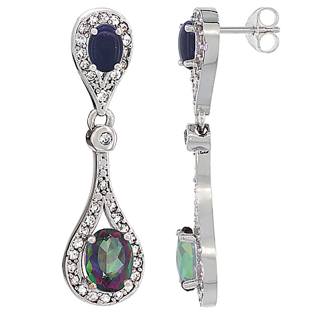 10K White Gold Natural Mystic Topaz & Lapis Oval Dangling Earrings White Sapphire & Diamond Accents, 1 3/8 inches long