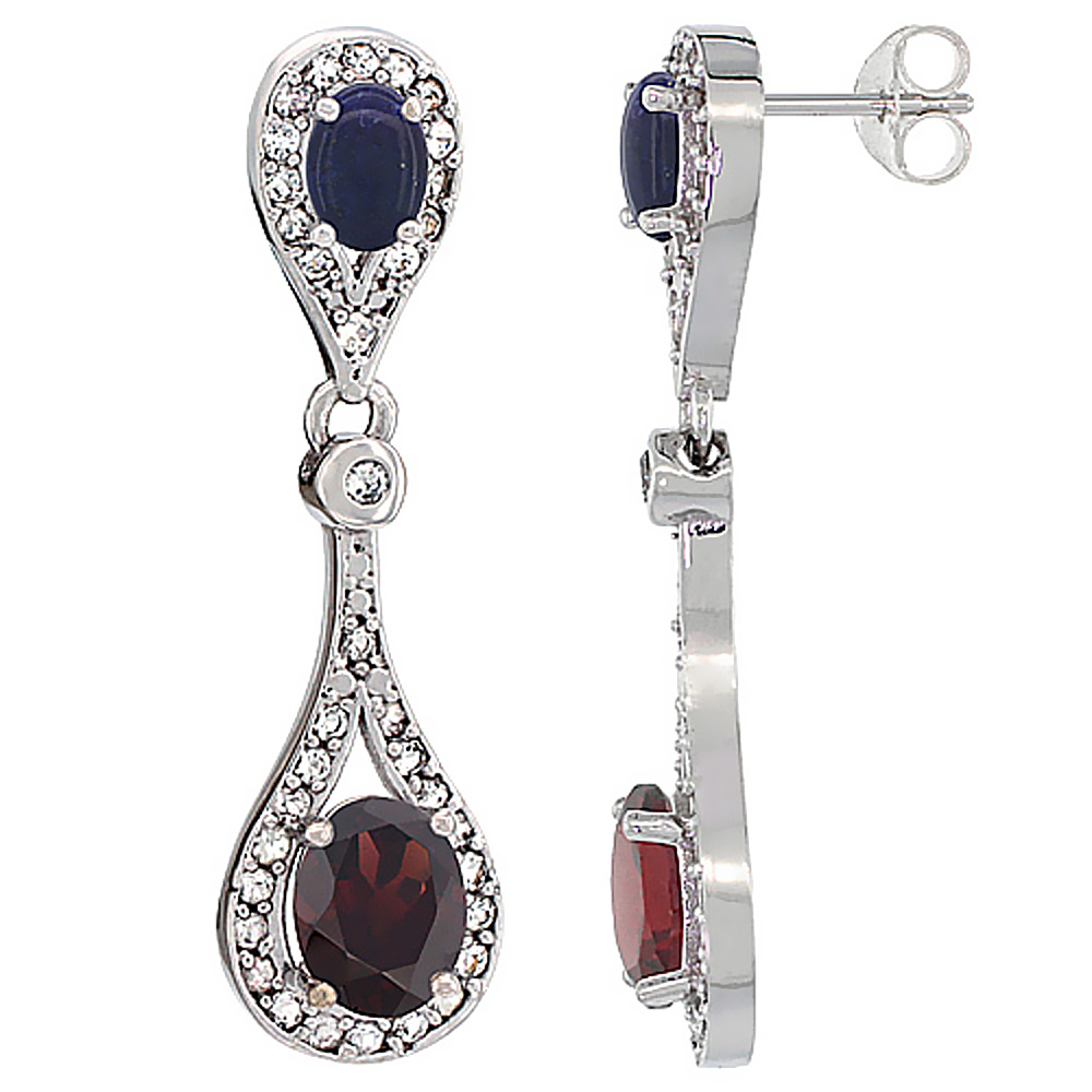 14K WHITE GOLD NATURAL GARNET & LAPIS OVAL DANGLING EARRINGS WHITE SAPPHIRE & DIAMOND ACCENTS, 1 3/8 INCHES LONG