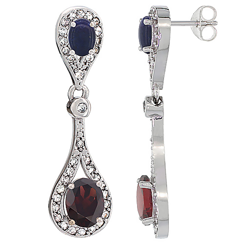 14K White Gold Natural Garnet &amp; Lapis Oval Dangling Earrings White Sapphire &amp; Diamond Accents, 1 3/8 inches long