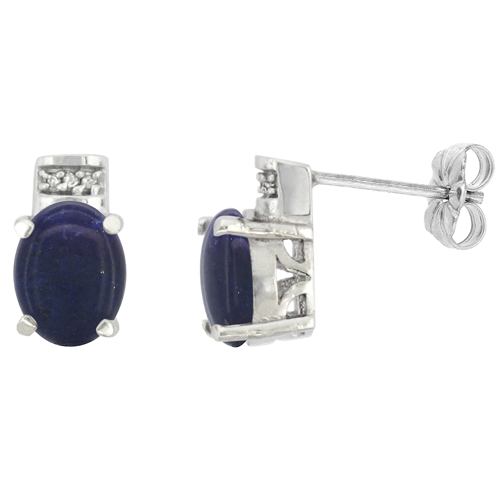 10K WHITE GOLD DIAMOND NATURAL LAPIS EARRINGS OVAL 8X6 MM