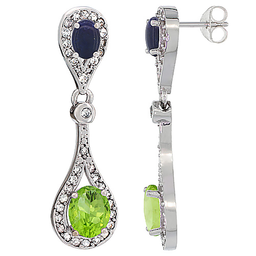 14K WHITE GOLD NATURAL PERIDOT & LAPIS OVAL DANGLING EARRINGS WHITE SAPPHIRE & DIAMOND ACCENTS, 1 3/8 INCHES LONG