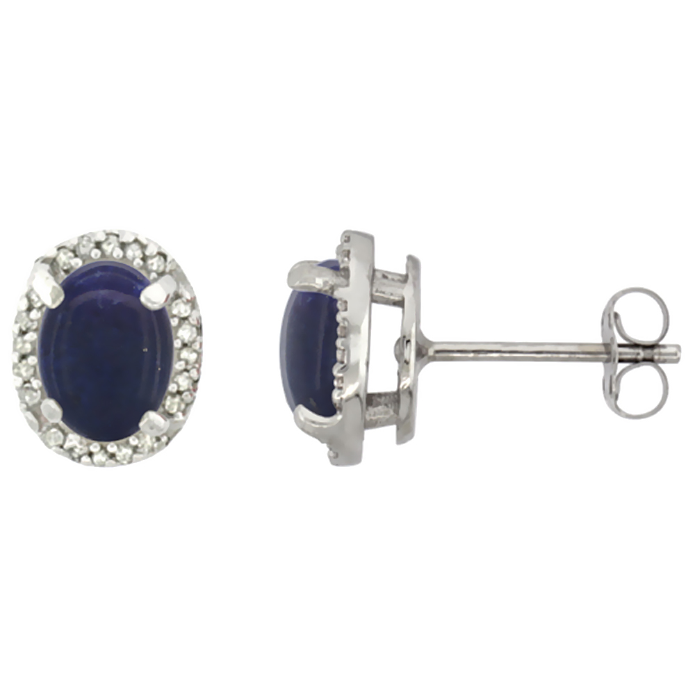 10K WHITE GOLD DIAMOND NATURAL LAPIS EARRINGS OVAL 7X5 MM