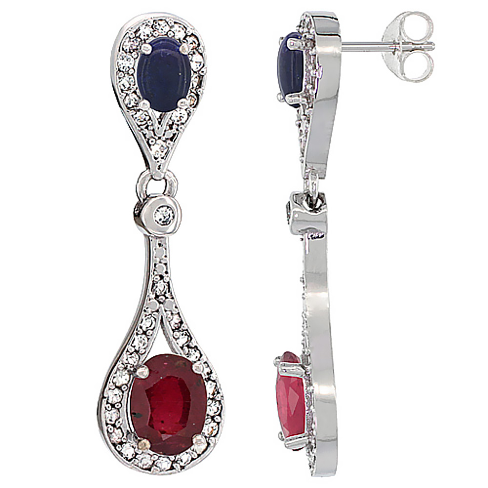 14K WHITE GOLD ENHANCED RUBY & LAPIS OVAL DANGLING EARRINGS WHITE SAPPHIRE & DIAMOND ACCENTS, 1 3/8 INCHES LONG