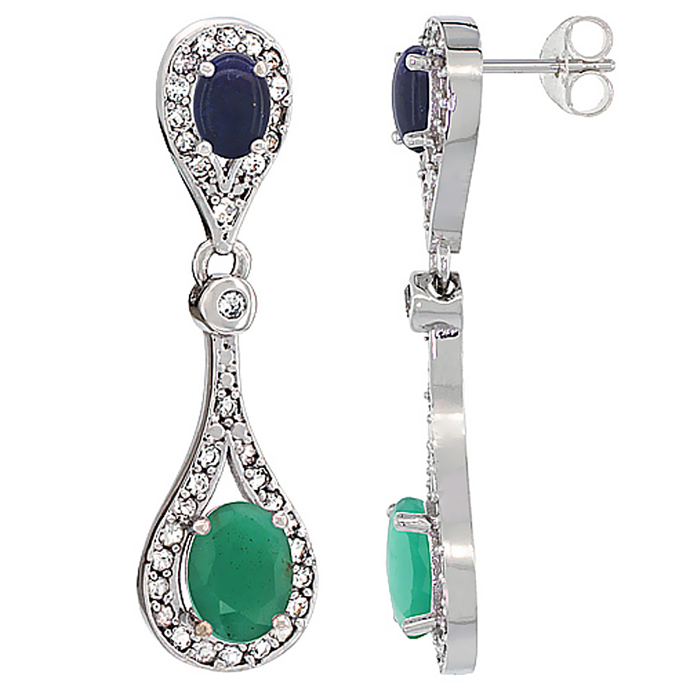14K White Gold Natural Emerald & Lapis Oval Dangling Earrings White Sapphire & Diamond Accents, 1 3/8 inches long