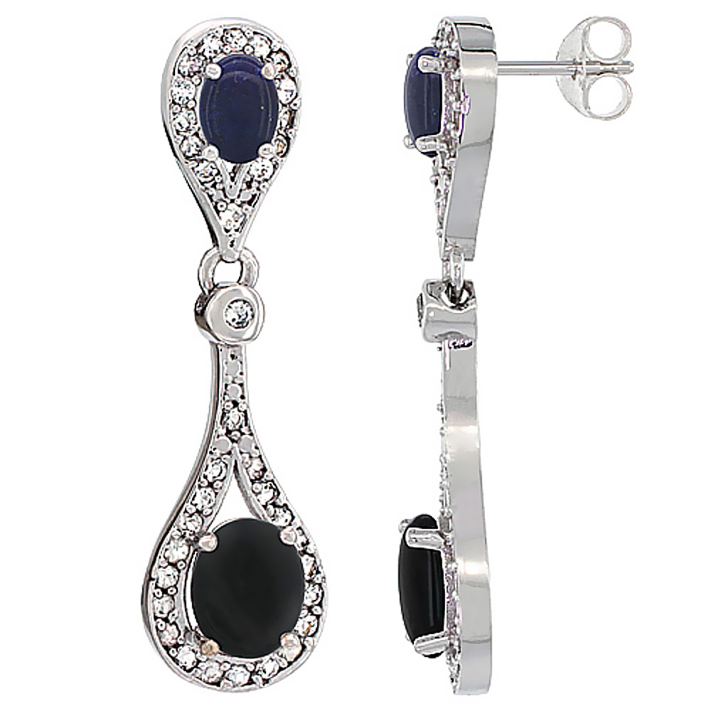 14K WHITE GOLD NATURAL BLACK ONYX & LAPIS OVAL DANGLING EARRINGS WHITE SAPPHIRE & DIAMOND ACCENTS, 1 3/8 INCHES LONG