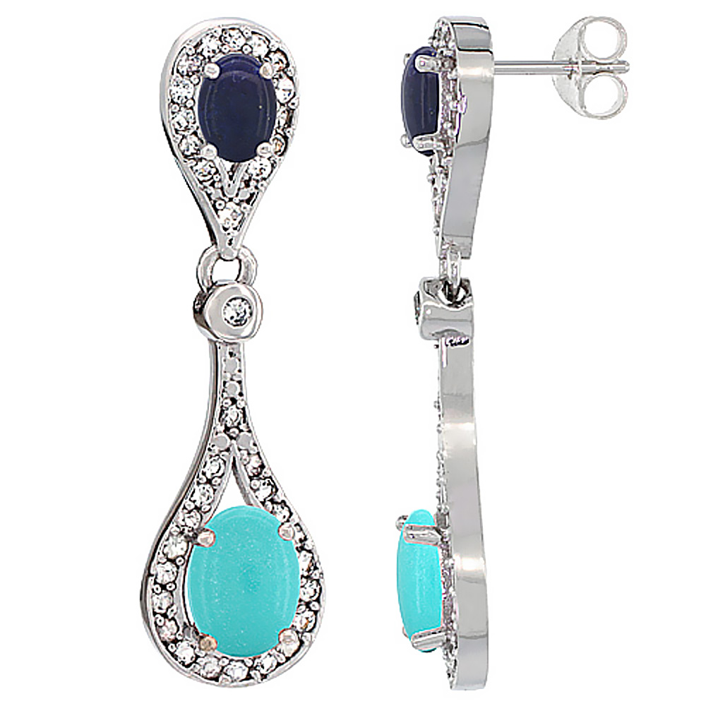 14K WHITE GOLD NATURAL TURQUOISE & LAPIS OVAL DANGLING EARRINGS WHITE SAPPHIRE & DIAMOND ACCENTS, 1 3/8 INCHES LONG