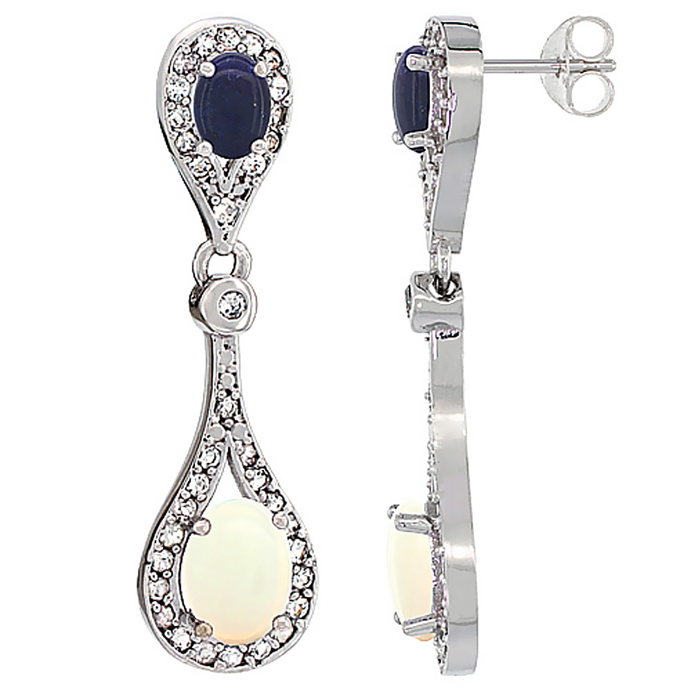 14K WHITE GOLD NATURAL OPAL & LAPIS OVAL DANGLING EARRINGS WHITE SAPPHIRE & DIAMOND ACCENTS, 1 3/8 INCHES LONG