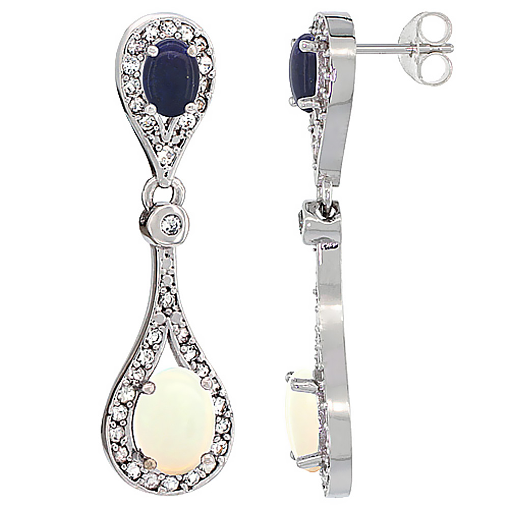10K White Gold Natural Opal & Lapis Oval Dangling Earrings White Sapphire & Diamond Accents, 1 3/8 inches long