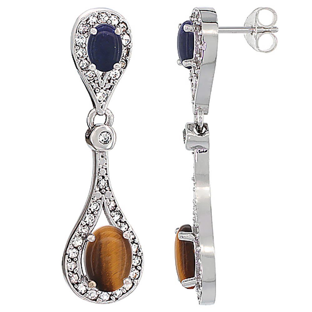 14K WHITE GOLD NATURAL TIGER EYE & LAPIS OVAL DANGLING EARRINGS WHITE SAPPHIRE & DIAMOND ACCENTS, 1 3/8 INCHES LONG