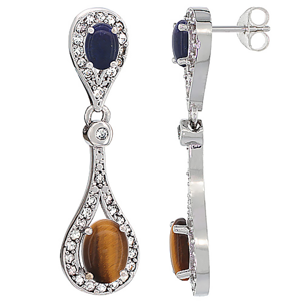 14K White Gold Natural Tiger Eye & Lapis Oval Dangling Earrings White Sapphire & Diamond Accents, 1 3/8 inches long