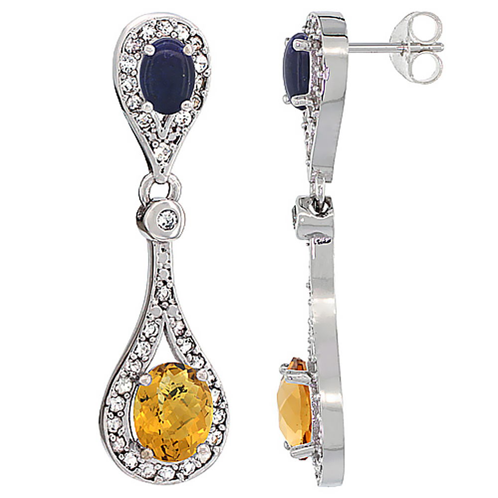 14K WHITE GOLD NATURAL WHISKY QUARTZ & LAPIS OVAL DANGLING EARRINGS WHITE SAPPHIRE & DIAMOND ACCENTS, 1 3/8 INCHES LONG