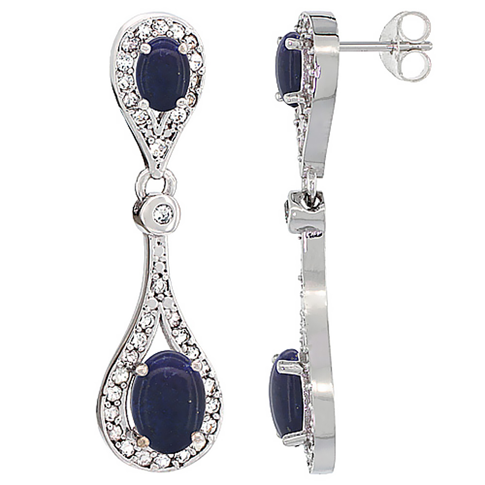 14K WHITE GOLD NATURAL LAPIS OVAL DANGLING EARRINGS WHITE SAPPHIRE & DIAMOND ACCENTS, 1 3/8 INCHES LONG