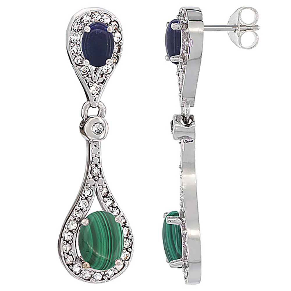 10K White Gold Natural Malachite &amp; Lapis Oval Dangling Earrings White Sapphire &amp; Diamond Accents, 1 3/8 inches long