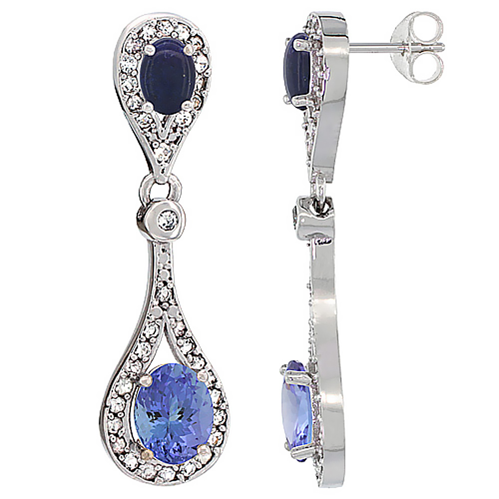 14K WHITE GOLD NATURAL TANZANITE & LAPIS OVAL DANGLING EARRINGS WHITE SAPPHIRE & DIAMOND ACCENTS, 1 3/8 INCHES LONG