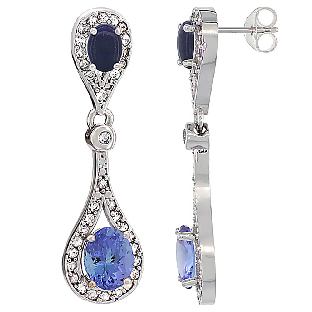14K White Gold Natural Tanzanite &amp; Lapis Oval Dangling Earrings White Sapphire &amp; Diamond Accents, 1 3/8 inches long