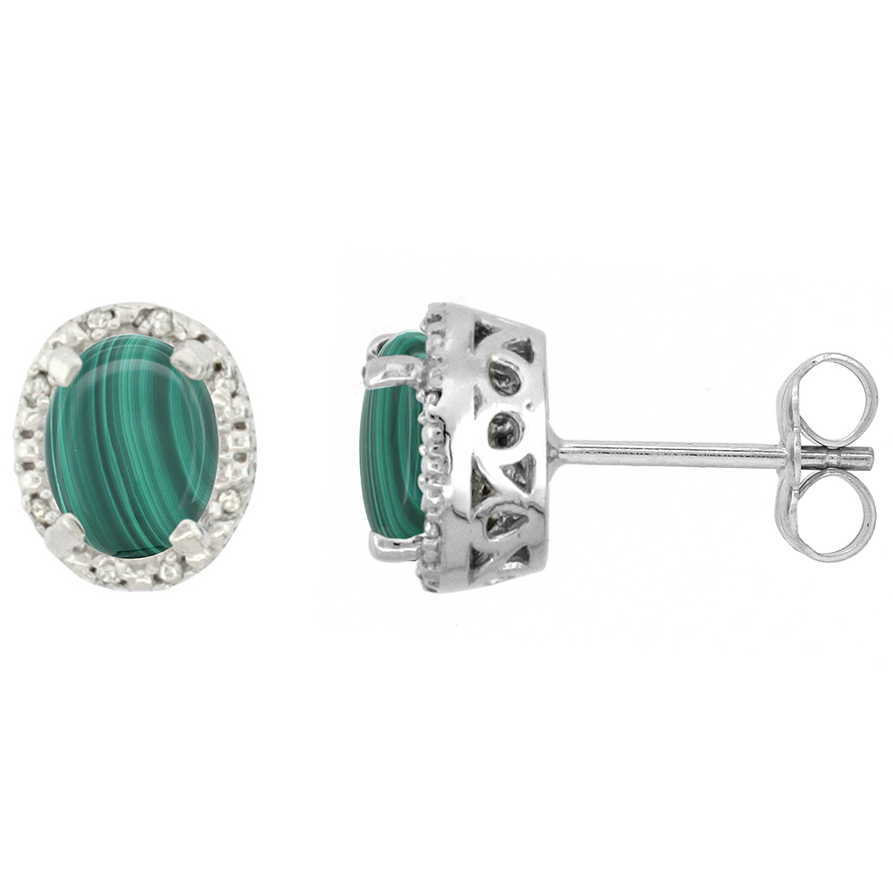 10K WHITE GOLD DIAMOND HALO NATURAL MALACHITE STUD EARRINGS OVAL 7X5 MM