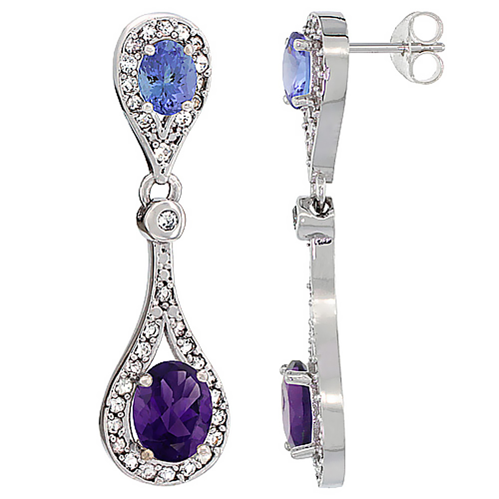 14K WHITE GOLD NATURAL AMETHYST & TANZANITE OVAL DANGLING EARRINGS WHITE SAPPHIRE & DIAMOND ACCENTS, 1 3/8 INCHES LONG