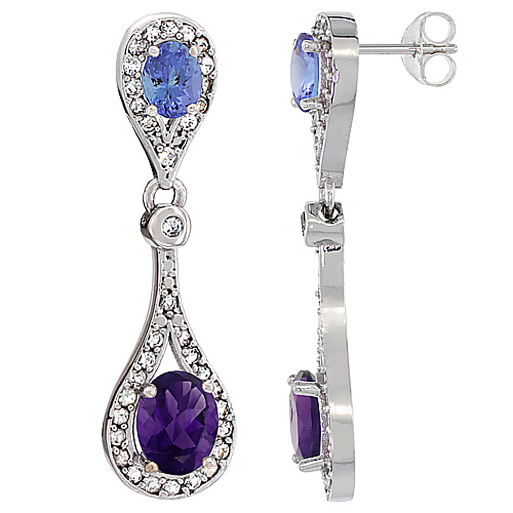 14K White Gold Natural Amethyst & Tanzanite Oval Dangling Earrings White Sapphire & Diamond Accents, 1 3/8 inches long