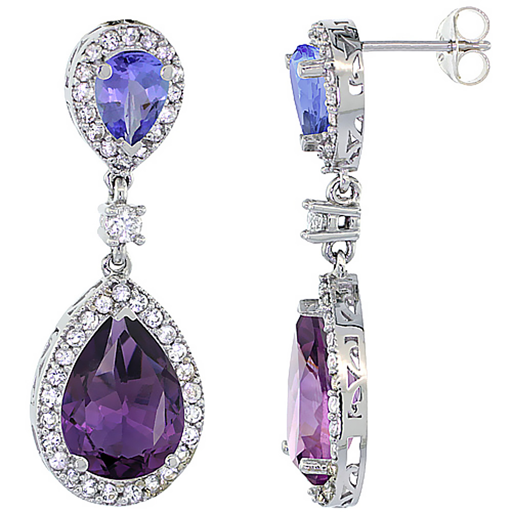10K WHITE GOLD NATURAL AMETHYST & TANZANITE TEARDROP EARRINGS WHITE SAPPHIRE & DIAMOND