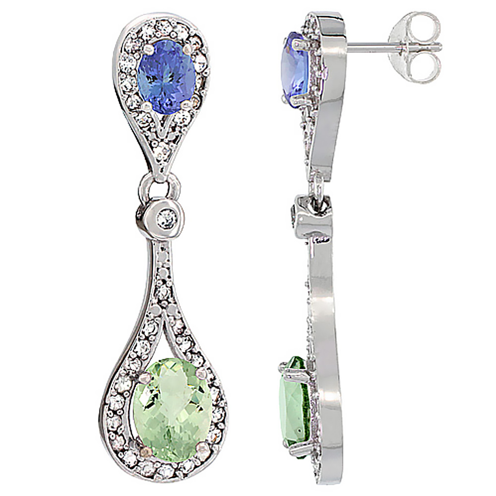 14K WHITE GOLD NATURAL GREEN AMETHYST & TANZANITE OVAL DANGLING EARRINGS WHITE SAPPHIRE & DIAMOND ACCENTS, 1 3/8 INCHES LONG