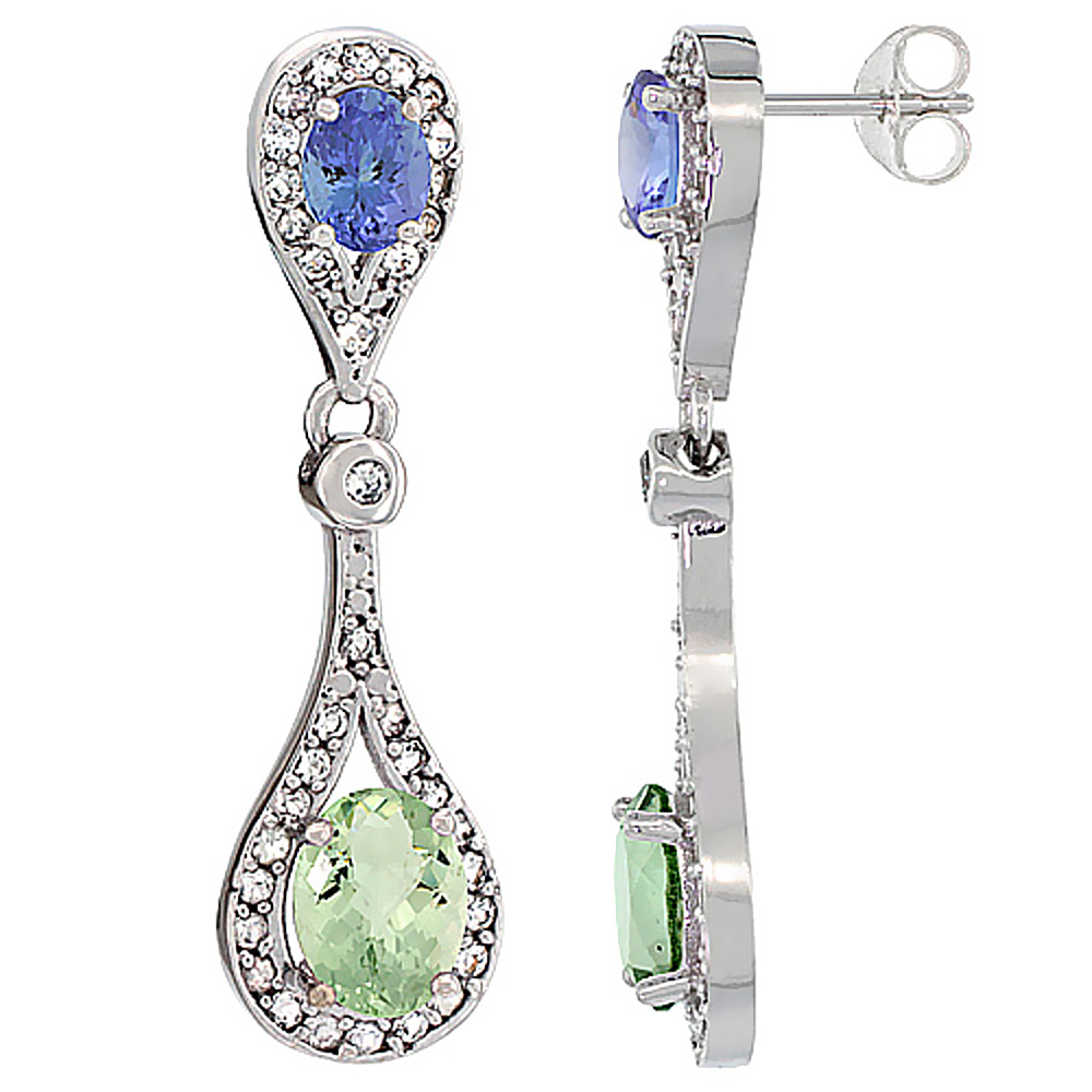 14K White Gold Natural Green Amethyst & Tanzanite Oval Dangling Earrings White Sapphire & Diamond Accents, 1 3/8 inches long