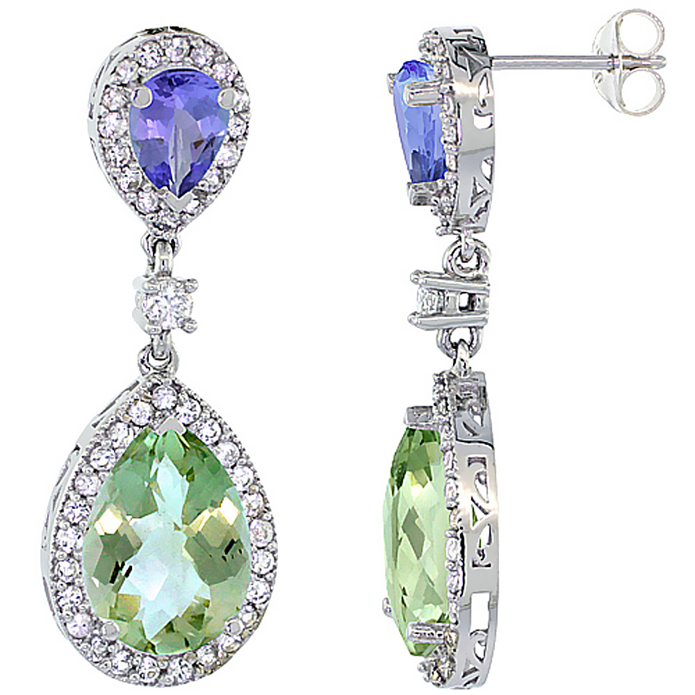14K WHITE GOLD NATURAL AMETHYST & TANZANITE TEARDROP EARRINGS WHITE SAPPHIRE & DIAMOND