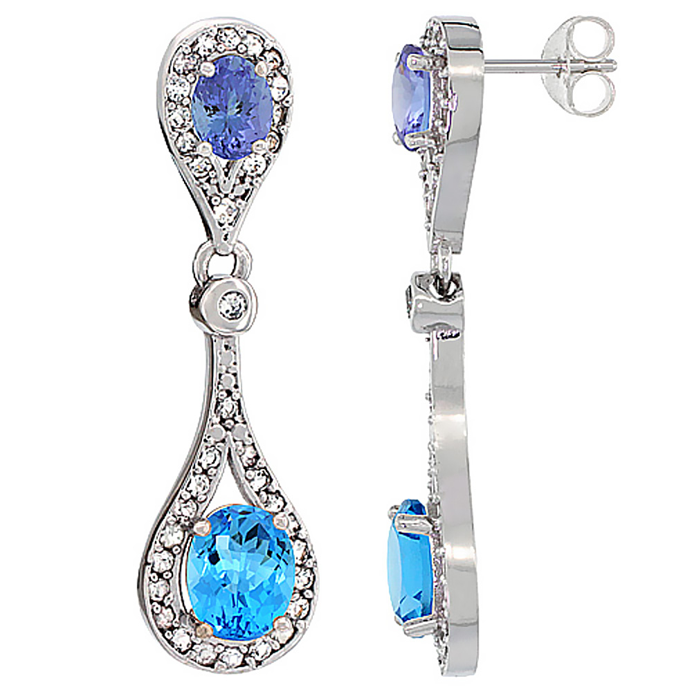 14K WHITE GOLD NATURAL SWISS BLUE TOPAZ & TANZANITE OVAL DANGLING EARRINGS WHITE SAPPHIRE & DIAMOND ACCENTS, 1 3/8 INCHES LONG