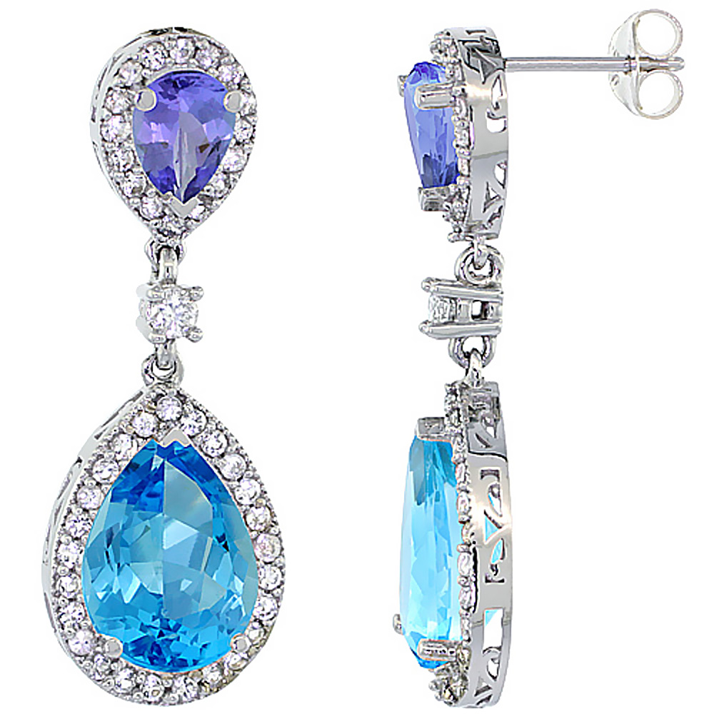 14K WHITE GOLD NATURAL SWISS BLUE TOPAZ & TANZANITE TEARDROP EARRINGS WHITE SAPPHIRE & DIAMOND