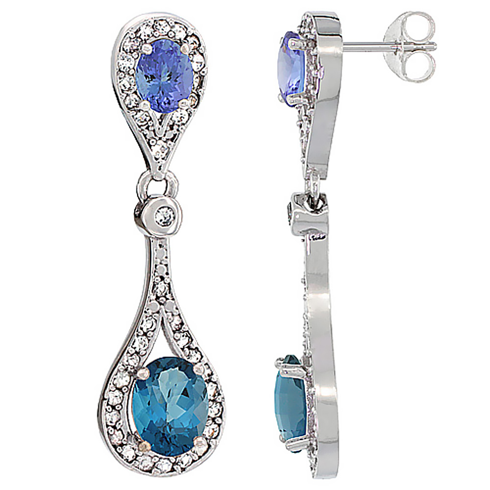 14K WHITE GOLD NATURAL LONDON BLUE TOPAZ & TANZANITE OVAL DANGLING EARRINGS WHITE SAPPHIRE & DIAMOND ACCENTS, 1 3/8 INCHES LONG