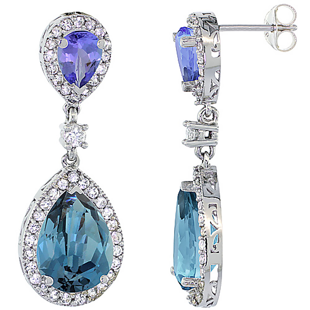 14K WHITE GOLD NATURAL LONDON BLUE TOPAZ & TANZANITE TEARDROP EARRINGS WHITE SAPPHIRE & DIAMOND