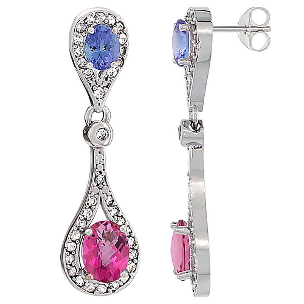 14K WHITE GOLD NATURAL PINK TOPAZ & TANZANITE OVAL DANGLING EARRINGS WHITE SAPPHIRE & DIAMOND ACCENTS, 1 3/8 INCHES LONG