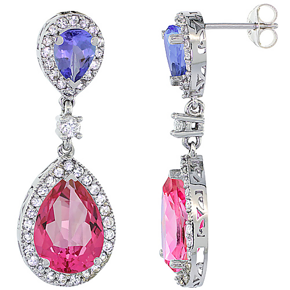 14K WHITE GOLD NATURAL PINK TOPAZ & TANZANITE TEARDROP EARRINGS WHITE SAPPHIRE & DIAMOND