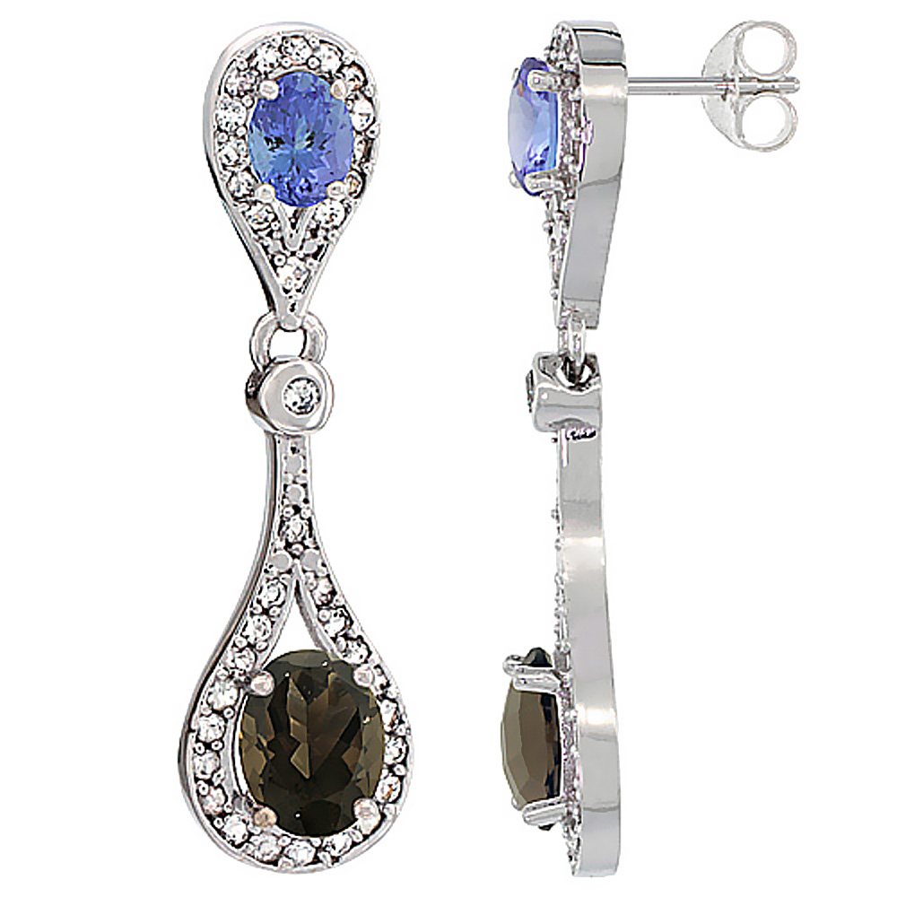 14K WHITE GOLD NATURAL SMOKY TOPAZ & TANZANITE OVAL DANGLING EARRINGS WHITE SAPPHIRE & DIAMOND ACCENTS, 1 3/8 INCHES LONG