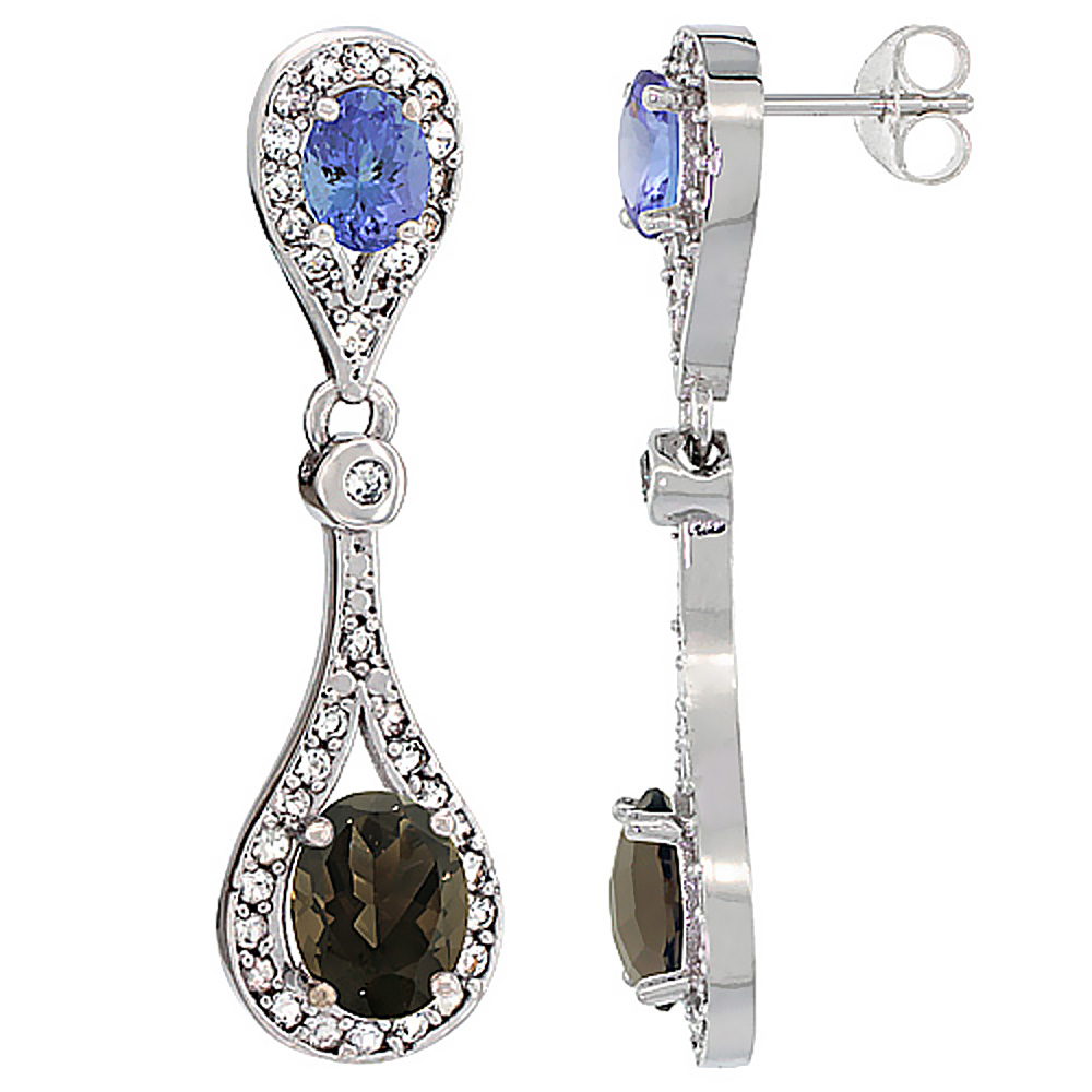 14K White Gold Natural Smoky Topaz & Tanzanite Oval Dangling Earrings White Sapphire & Diamond Accents, 1 3/8 inches long