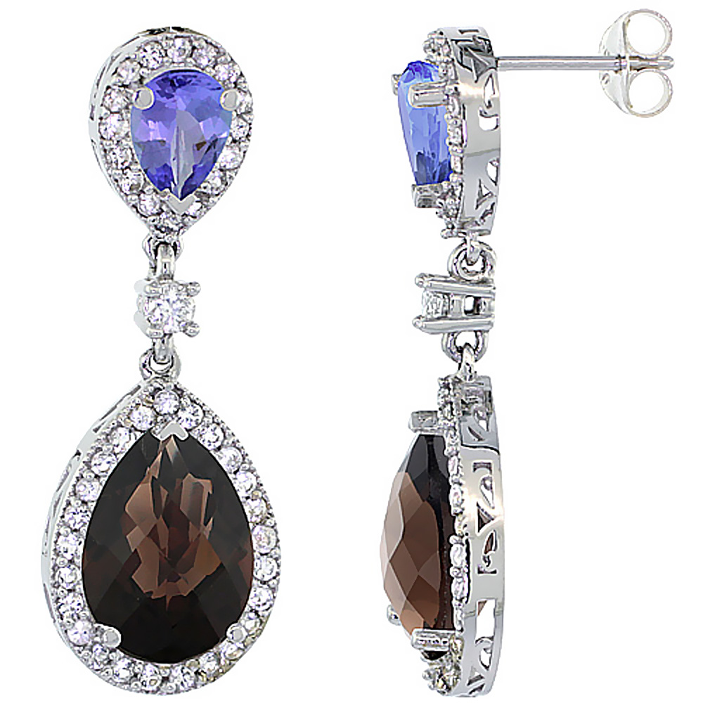 14K WHITE GOLD NATURAL SMOKY TOPAZ & TANZANITE TEARDROP EARRINGS WHITE SAPPHIRE & DIAMOND