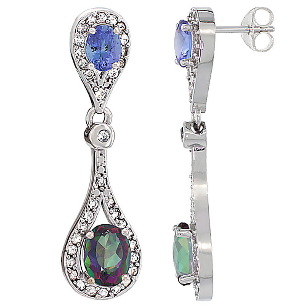 14K WHITE GOLD NATURAL MYSTIC TOPAZ & TANZANITE OVAL DANGLING EARRINGS WHITE SAPPHIRE & DIAMOND ACCENTS, 1 3/8 INCHES LONG
