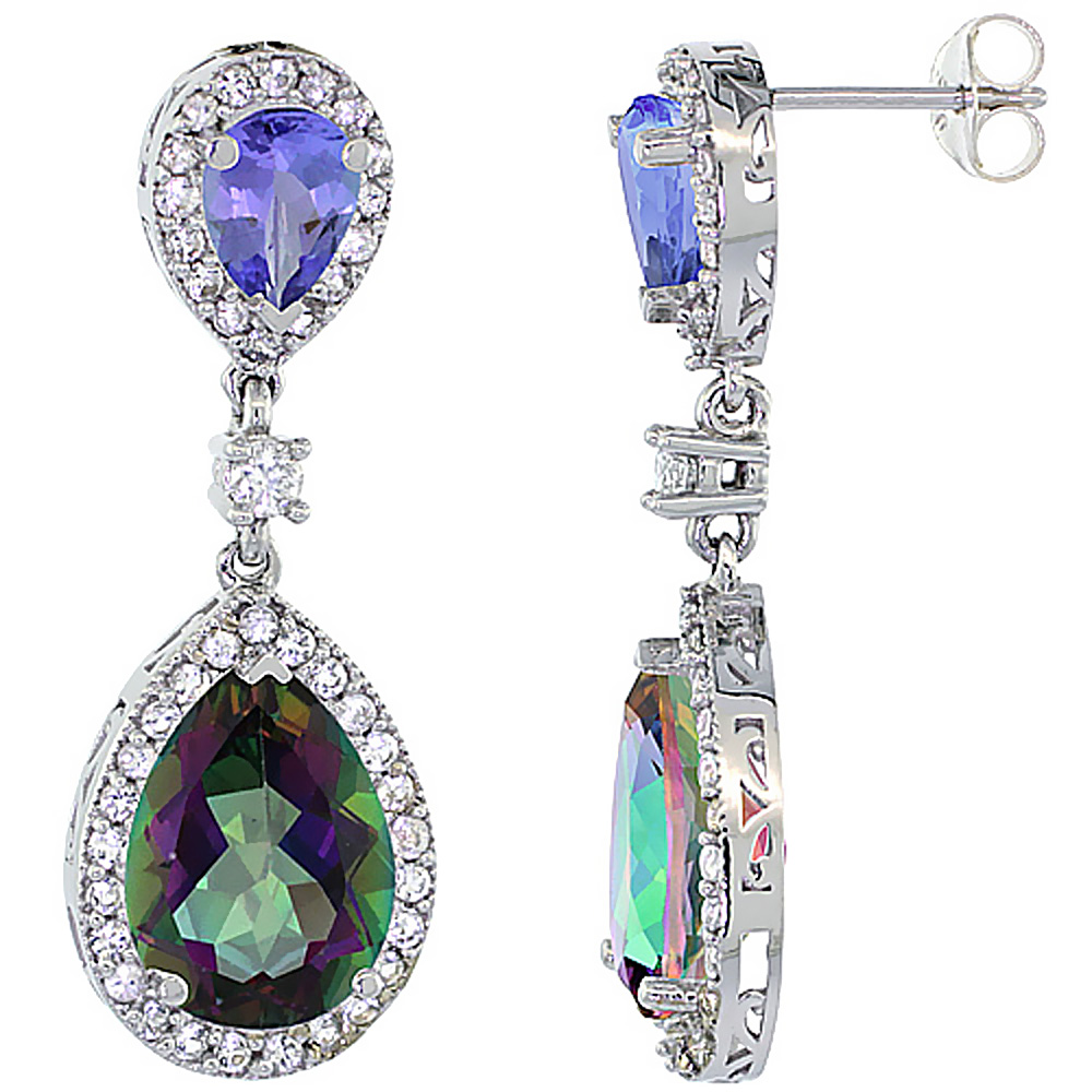 14K WHITE GOLD NATURAL MYSTIC TOPAZ & TANZANITE TEARDROP EARRINGS WHITE SAPPHIRE & DIAMOND