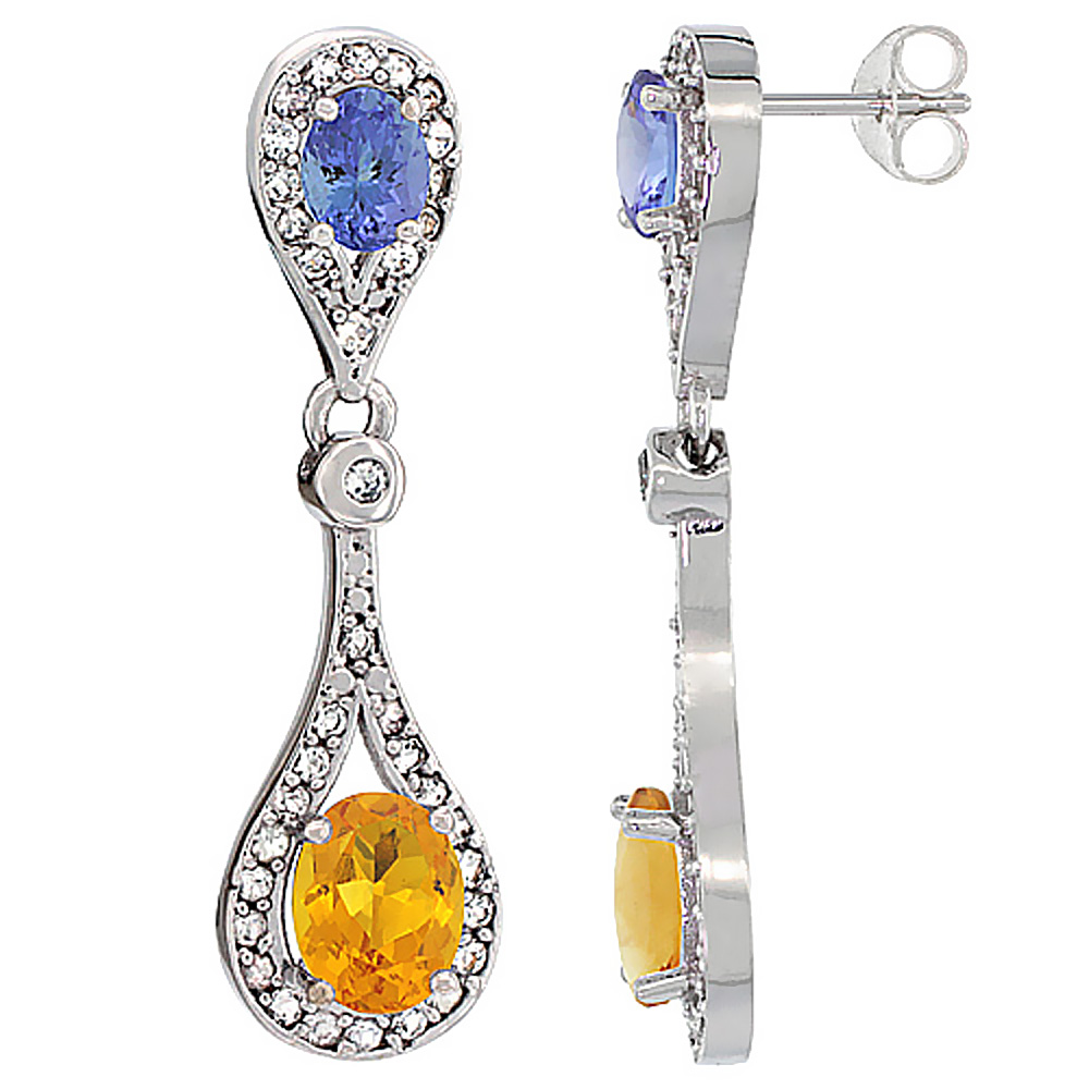 10K White Gold Natural Citrine & Tanzanite Oval Dangling Earrings White Sapphire & Diamond Accents, 1 3/8 inches long