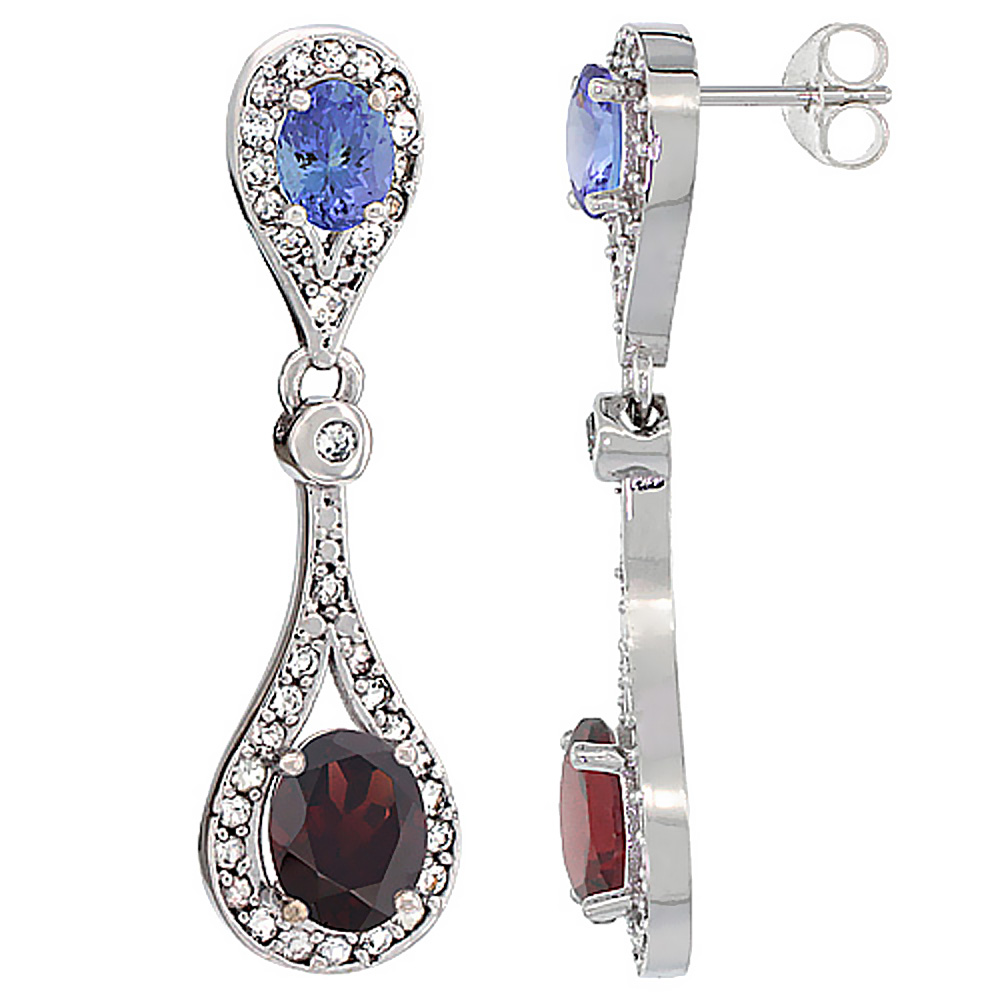 14K WHITE GOLD NATURAL GARNET & TANZANITE OVAL DANGLING EARRINGS WHITE SAPPHIRE & DIAMOND ACCENTS, 1 3/8 INCHES LONG