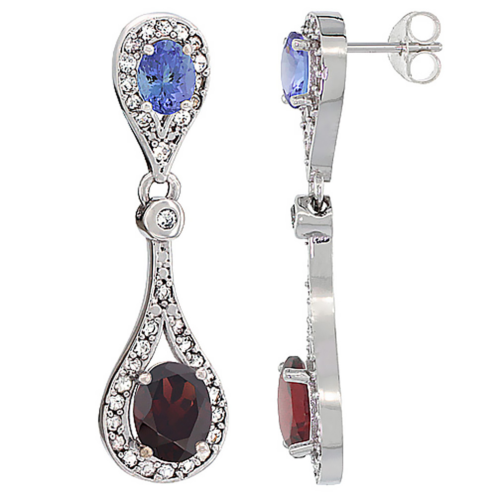10K White Gold Natural Garnet & Tanzanite Oval Dangling Earrings White Sapphire & Diamond Accents, 1 3/8 inches long